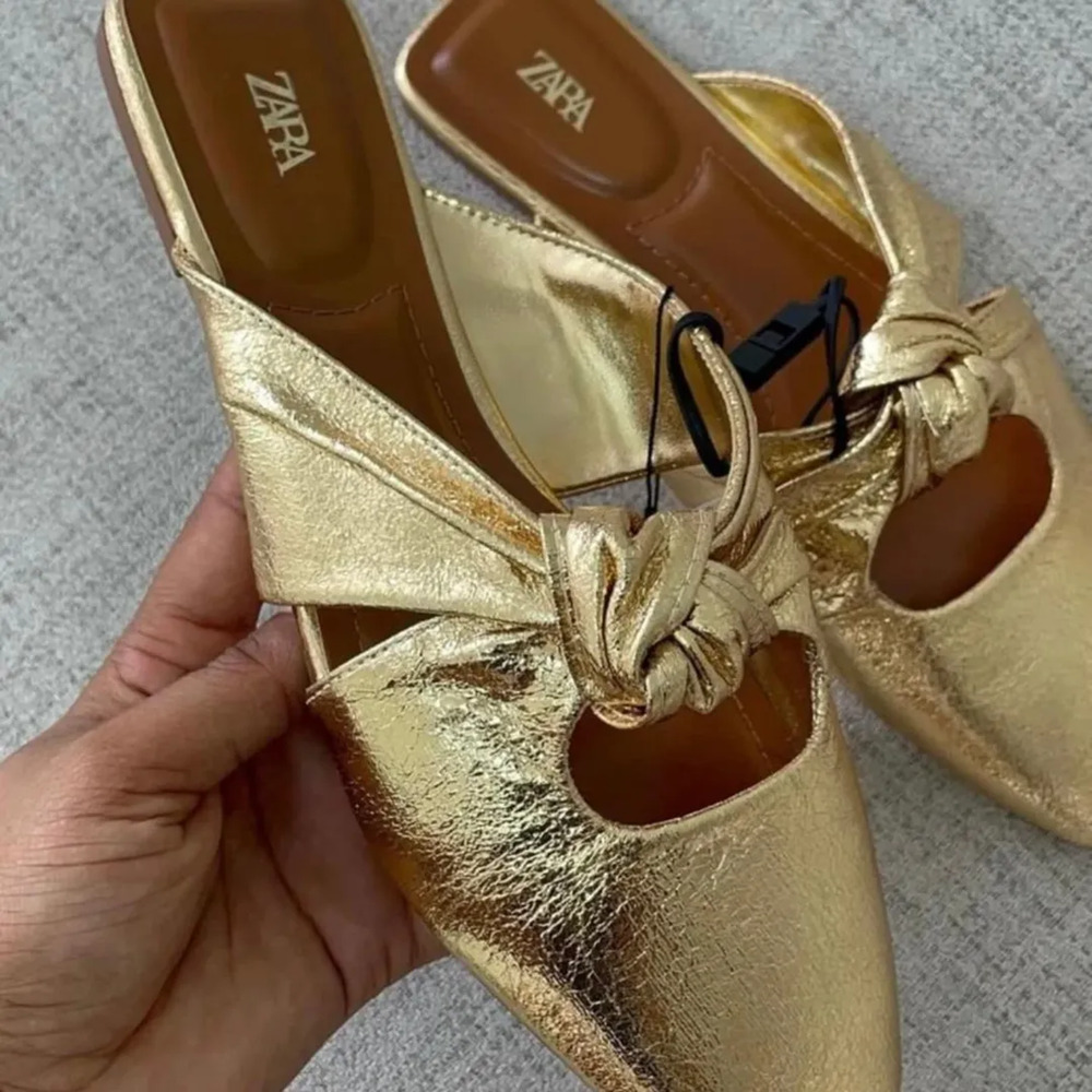 Zara NWT Gold Metallic Knot Square Toe Mules 7.5 8 - Picture 8 of 16